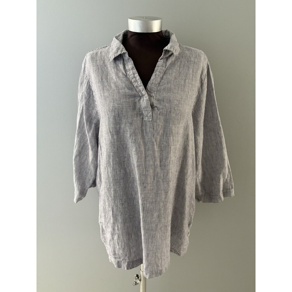 Tahari Linen Blouse Size 1X  Blue Pinstripe Tunic Side Buttons Comfort Coastal